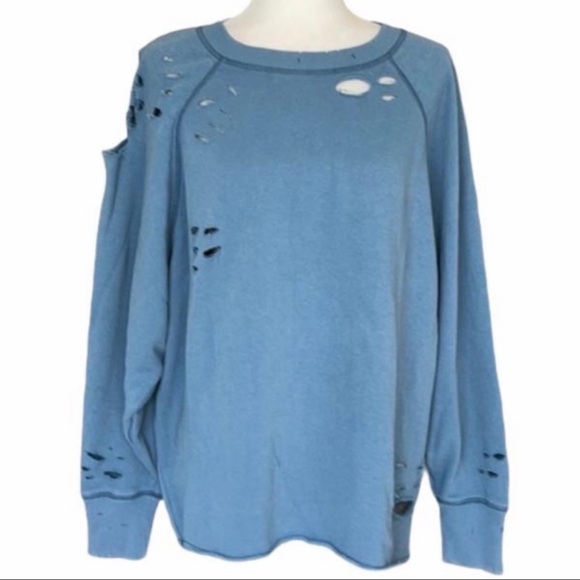 Aerie Blue Distressed Cut Up Oversized Crew Neck Sweatshirt - Picture 3 of 6